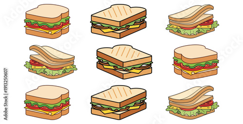 Collection of nine distinct cartoon sandwich illustrations showcasing various ingredient presentations like stacked, cut, and toasted bread styles perfect for food graphics.