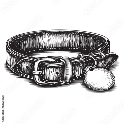 Dog collar with buckle and round tag vector engraving style isolated on white background for pet shop branding veterinary clinic illustration and animal accessory catalog