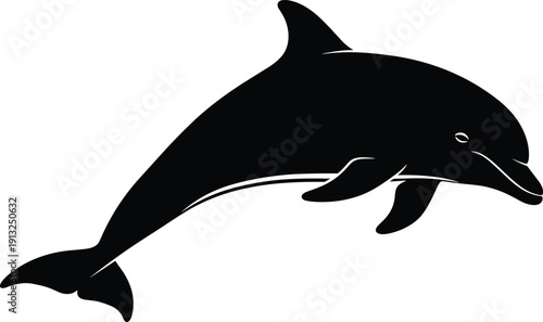 Dolphin Silhouette Jumping in Ocean Wave, Marine Animal Black Vector Illustration Isolated on White Background for Wildlife and Nature Design