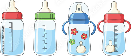 Set of baby milk bottles with measurement scales and colorful caps including blue green and red bottles with nipples and handles vector illustration.