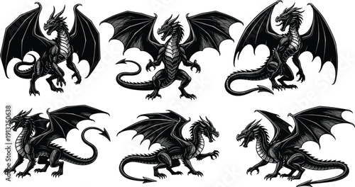 Dragon silhouettes vector illustration, six mythical creatures detailed wings claws tails scales