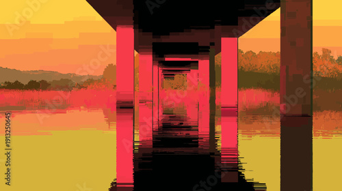 View under a structure, red columns, sky sunset. Reflection in water. Abstract, blocky, pixelated