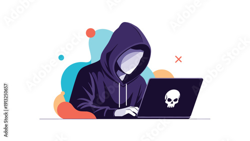 Anonymous hacker wearing a dark purple hoodie works on a laptop with a skull icon on the back against a colorful and wavy abstract background.