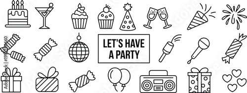 Party celebration outline icons set featuring birthday cake gifts balloons fireworks and festive elements black line vector illustration isolated
