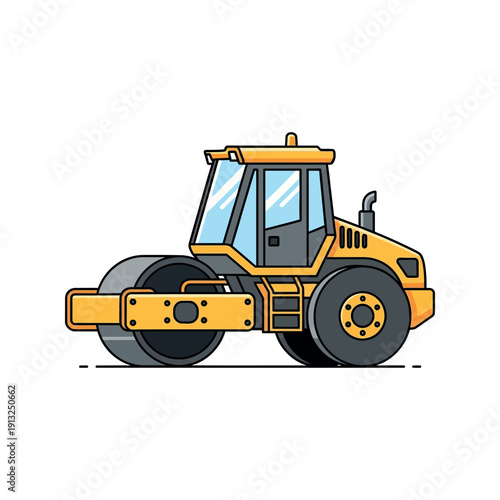 A yellow road roller is depicted in a detailed illustration, showcasing its heavy machinery features and construction equipment design.