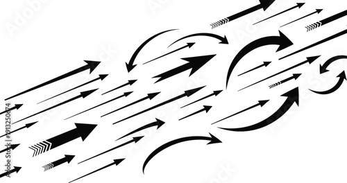 Dynamic arrow vector illustration set showing motion, direction, speed, and flow symbols in bold black style for infographic, technology, and design projects
