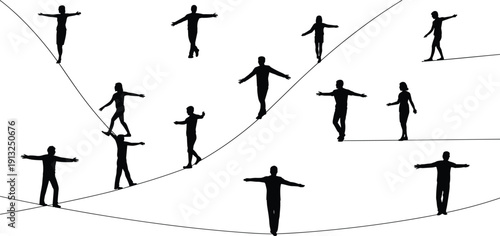 People Balancing on Tightrope Silhouettes Set, Risk Balance and Stability Concept, Human Figures Walking on Line Illustration Isolated on White Background