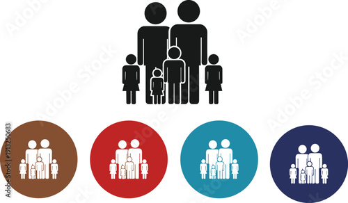 Family icon set showing parents and children silhouettes, flat vector illustration in multiple colors isolated on white background for social, care concepts
