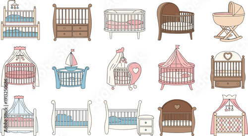 Set of baby cribs and bassinets vector illustrations featuring various nursery furniture styles including wooden cots canopy beds round cradles and modern infant sleepers.