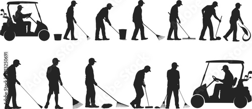 Golf course groundskeeper silhouettes performing turf care tasks with tools and golf carts black vector illustration isolated on white background