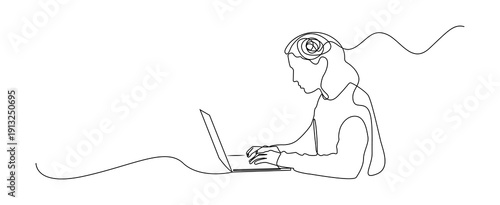Elegant black continuous line art illustration isolated on white background, symbolizing remote work, freelance lifestyle, online learning, etc.