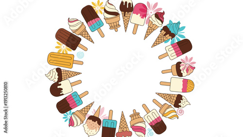 Large circular wreath made of many different types of ice cream cones, popsicles, and sundaes on a white background.