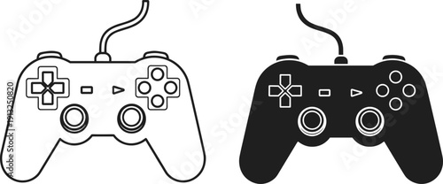 Game controller icon set showing wired joystick outline and solid styles isolated black and white vector illustration for gaming design