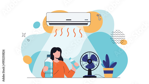 Woman holds two bottles of water while standing between an air conditioner and an electric fan to stay cool during a hot summer day.