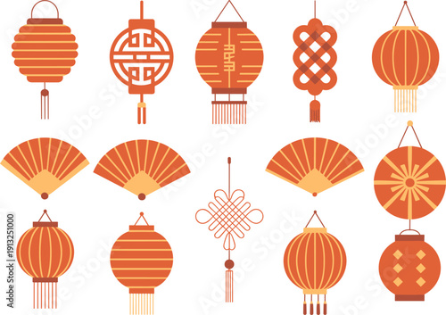 Traditional Chinese lanterns and decorative fans collection, Lunar New Year festival ornament flat vector illustration set