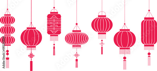 Set of traditional Chinese red lanterns hanging decoration, Asian festival ornament illustration isolated on light background vector design