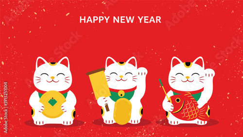 Three traditional Japanese maneki-neko lucky cats holding a gold coin, a banner, and a fish on a festive red background.
