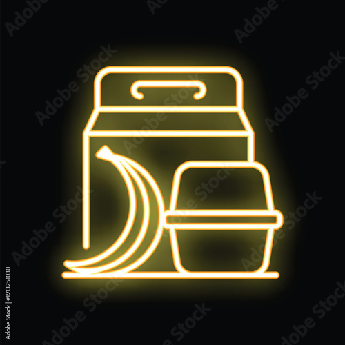 Neon icon of a lunchbox with a banana and yogurt glowing against a dark background
