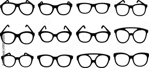 Eyeglasses frame silhouette vector set showing multiple modern and retro eyewear styles in black minimal design for fashion, optical branding, icons, and graphic projects use