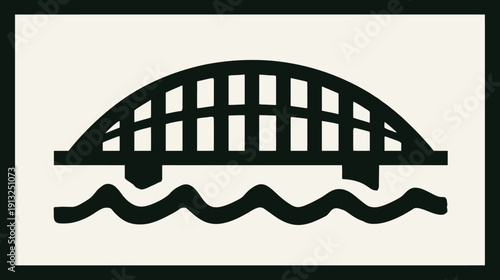 Black graphic of a bridge over wavy lines, enclosed in a black border, simple and geometric