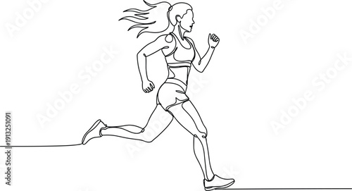 Female runner line art illustration showing athletic woman jogging in motion, minimalist continuous outline drawing for fitness, sports, health, training, and vector design use