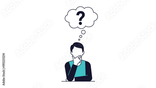 Person in a teal shirt leans on a table and looks thoughtful while a question mark inside a thought bubble appears over their head.