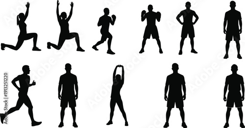 Fitness Training Silhouettes Collection with Boxing, Running and Stretching Exercises, Black Athlete Vector Illustration Set Isolated on White Background