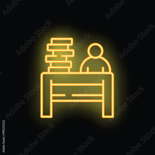 Neon icon of a businessman working overtime with a stack of documents on his desk