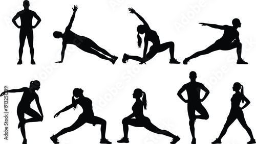 WebFitness exercise silhouette collection showing stretching yoga balance and strength training poses isolated black vector illustration for healthy lifestyle design