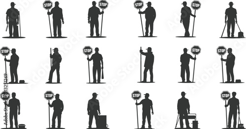 Road Construction Worker Silhouettes Holding Stop Signs and Tools, Traffic Control Safety Concept, Industrial Labor Illustration Isolated on White Background