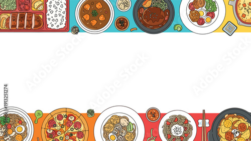 Border template featuring a wide variety of delicious Japanese and Western dishes including bento, curry, pizza, and pasta on a colorful background.