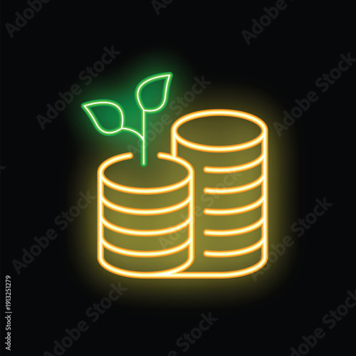 Glowing neon sign of growing investment symbolized by a plant growing out of stacked coins