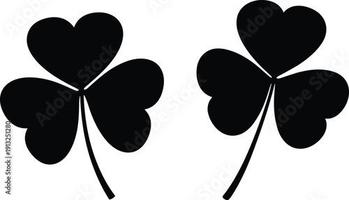 Four leaf clover silhouette vector illustration set featuring lucky shamrock symbols in bold black style for St Patrick’s Day, logo, tattoo, and graphic design use