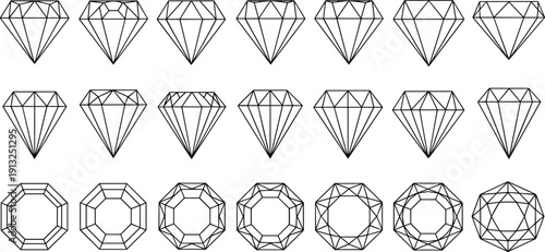 Set of diamond outline icons and gemstone line art symbols with various geometric cuts including brilliant round and faceted jewel shapes vector.