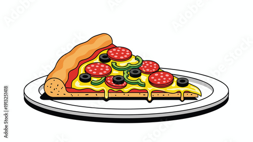 Delicious slice of pepperoni pizza topped with black olives and green bell peppers served on a simple white plate with thick crust and melted cheese.