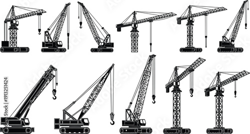Silhouette illustration of twelve different construction cranes including mobile, tower, and crawler types, symbolizing engineering, heavy equipment, architecture, and industrial building projects.