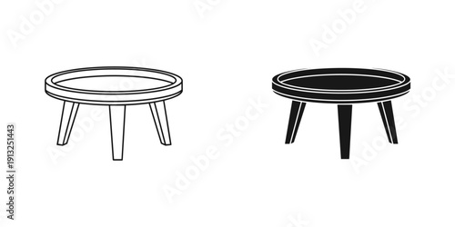 High-quality illustration of two minimalist round wooden tables with three legs, showcasing sleek modern design ideal for interior decor and furniture catalogs.