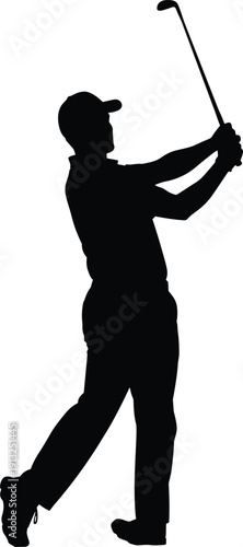 Golfer follow through silhouette illustration showing iron shot swing motion isolated black vector design for golf training branding poster use