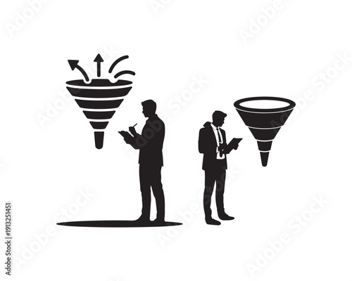 Businessmen analyzing data flow through funnels with arrows indicating input and output on white
