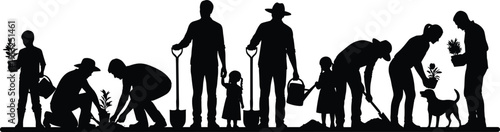 Gardening family silhouettes vector illustration, adults children planting watering plants with tools dog community outdoor activity sustainability teamwork isolated design
