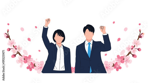 Professional man and woman in suits raise their fists in triumph while surrounded by blooming cherry blossom branches in a spring setting.
