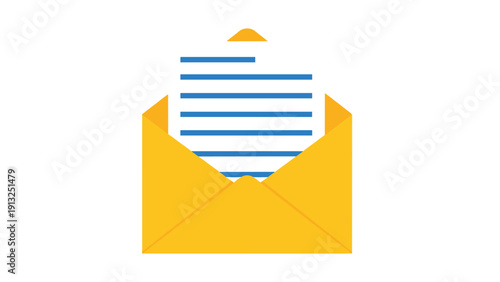 Open yellow envelope contains a white document with blue text lines representing communication mail services and receiving important news.
