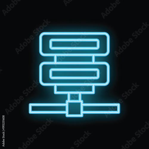 Blue neon database icon glowing on dark background representing cloud computing and data storage