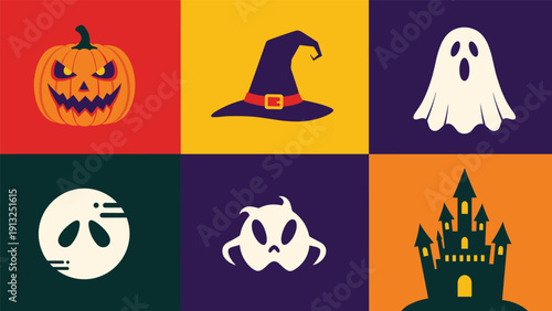 Grid of six colorful squares features different Halloween icons including a pumpkin a witch hat a ghost a moon a mask and a haunted castle.