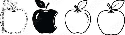 Apple fruit icon set in outline and solid styles, black and white healthy food symbols for logo vector illustration design
