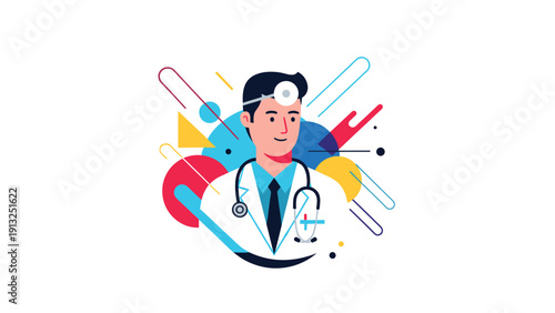 Male doctor with a stethoscope and head mirror illustrated in a modern flat style with vibrant abstract geometric shapes in the background.