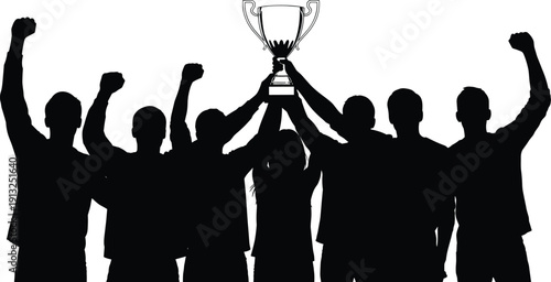 Silhouette of diverse team celebrating victory with raised arms and trophy, symbolizing teamwork, success, achievement, unity, leadership, and collective triumph in sports or business