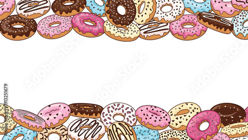 Horizontal page border designs featuring many colorful and tasty donuts with various frostings like chocolate, pink strawberry, and vanilla icing.