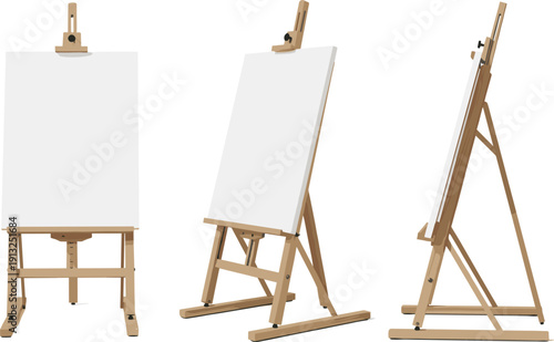 Set of wooden artist easel vectors with blank white canvases, professional floor studio tripod stands for painting and gallery display from multiple angles.