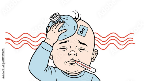Poor sick baby feeling unwell with an ice pack on its head, a fever cooling patch on its forehead, and a thermometer in its mouth after catching flu.